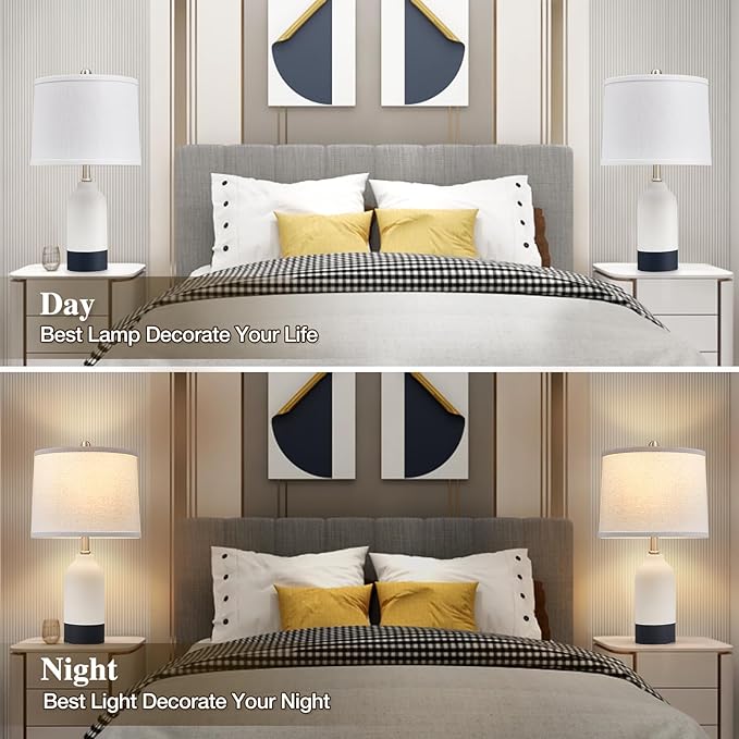 Luvkczc Modern Ceramic Lamps for Bedrooms Set of 2, 3-Color Temperature Table Lamp Bedside Nightstand Desk Reading Lamp with Fabric Drum Shade for Bedroom, Living Room, 2 Bulbs Included (21.4") - Bloomnest