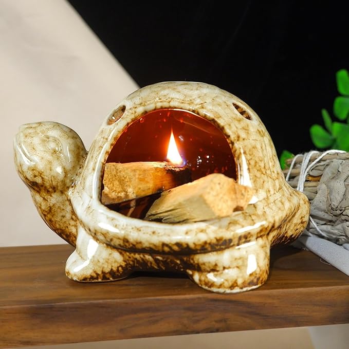 Handcrafted Brown Ceramic Turtle Mini Chiminea Palo Santo Burner Holder ，for Burning Sage、Cone Incense、Copal&Small Candle，Thoughtful Gifts for Meditation, Yoga, Aromatherapy Altar、Zen Spaces MOUGIGI