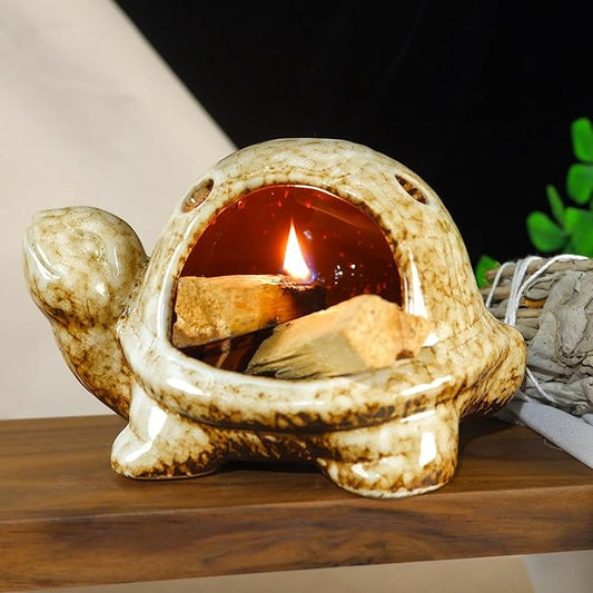 Handcrafted Brown Ceramic Turtle Mini Chiminea Palo Santo Burner Holder ，for Burning Sage、Cone Incense、Copal&Small Candle，Thoughtful Gifts for Meditation, Yoga, Aromatherapy Altar、Zen Spaces MOUGIGI