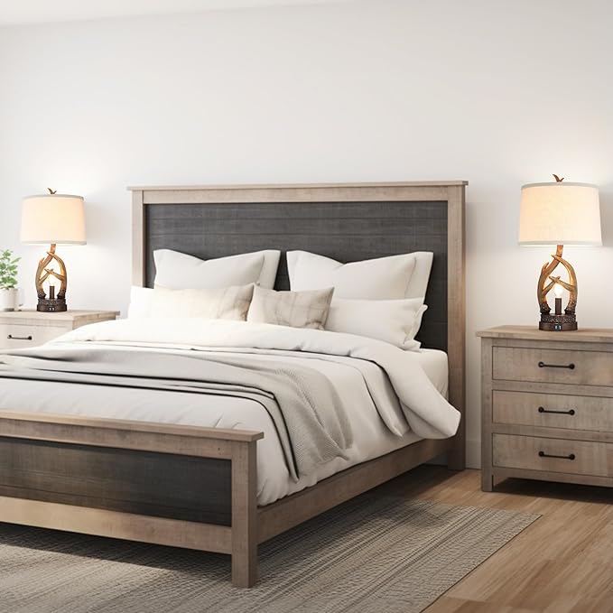 Rustic Table Lamps Farmhouse Antler Lamps Set of 2 Western Bedside Lamps for Bedroom with USB Charging Ports Nightlight,Vintage Resin Nightstand Table Lamps for Living Room (Bulbs Included) - Bloomnest