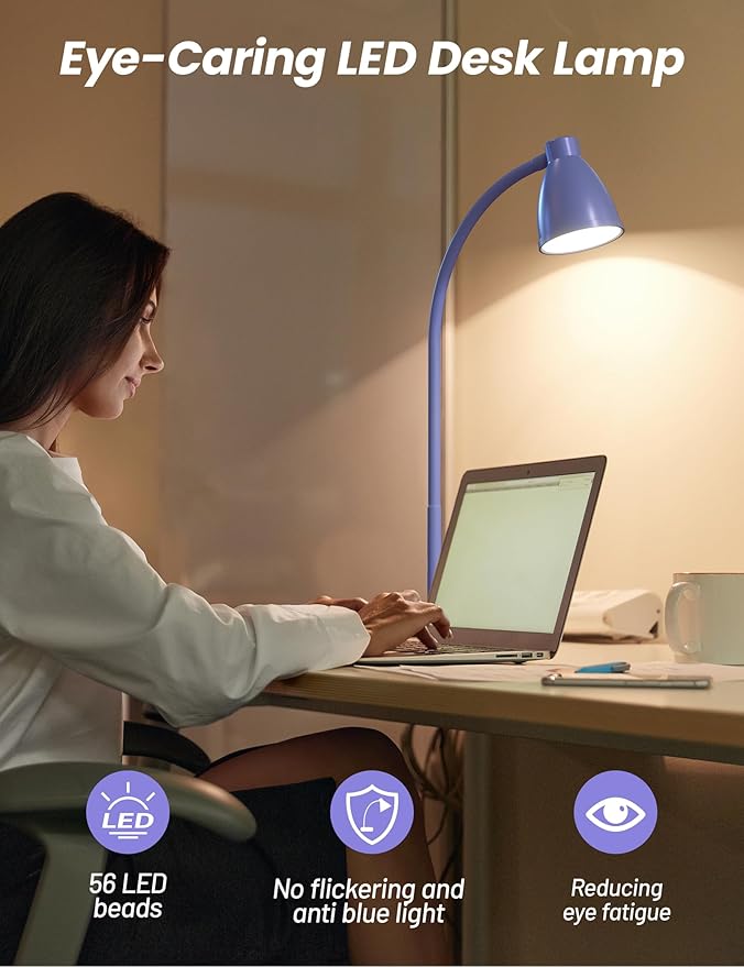 BOHON LED Desk Lamp with USB Charging Port, 3 Color Modes Fully Dimmable Reading Lamp, Auto Dimming Task Lamp, Flexible Gooseneck Table Light for Office Dorm Bedside, Adapter Include, Lilac Purple - Bloomnest