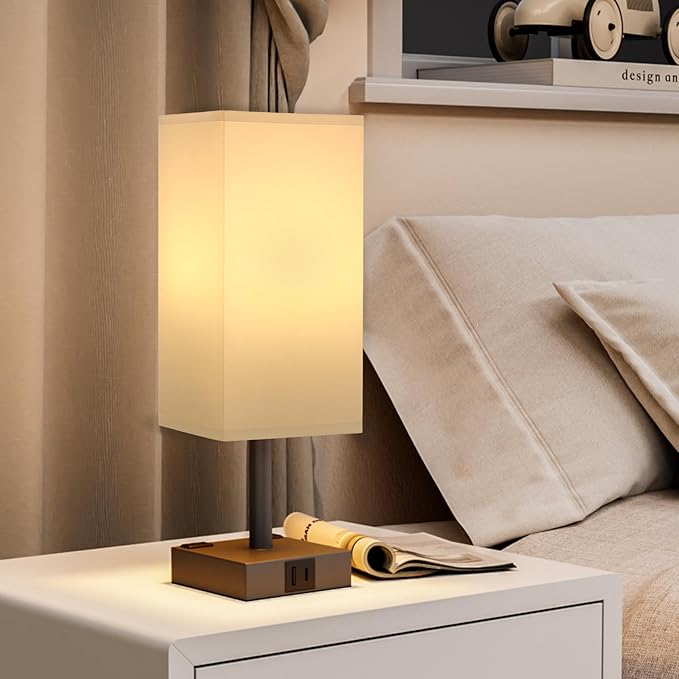 Touch Bedside Table Lamp for Nightstand - 3-Way Dimmable Night Lamp with USB A + Type C Charging Ports and Two AC Outlets, Small Desk Light with E26 LED Bulb for Bedroom Living Room,White Black - Bloomnest