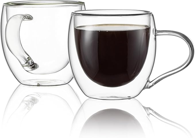 CNGLASS Double Wall Glass Coffee Mugs with Handle,10oz Clear Insulated Glass Espresso Cups for Hot and Cold Beverages,Latte,Cappuccino,Set of 2 - Bloomnest
