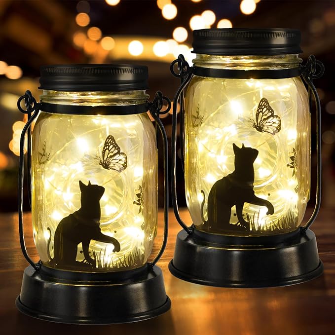 kyoryuger Cat Solar Lanterns 2PACK Cat Lover Gifts for Women Mom Grandma Christmas Cat Gifts for Cat Lovers Cat Memory Lantern with Stake for Yard Lawn Patio Garden Decor and Bedroom Decoration - Bloomnest