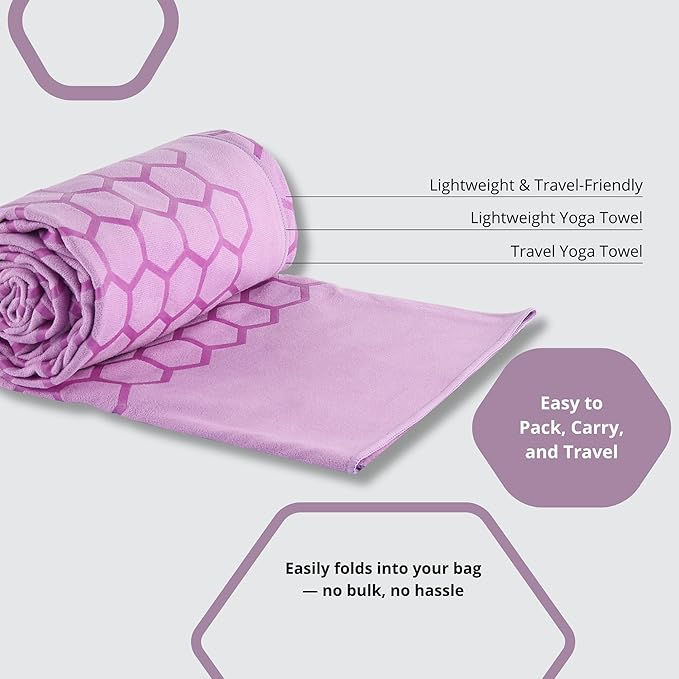 Clever Yoga Hot Yoga Mat Towel – Non-Slip Grip for Hot Yoga, Sweat Absorbent, Honeycomb Silicone Grip, Stays Flat – Ideal for Pilates, Travel, Washable & Lightweight - Lilac