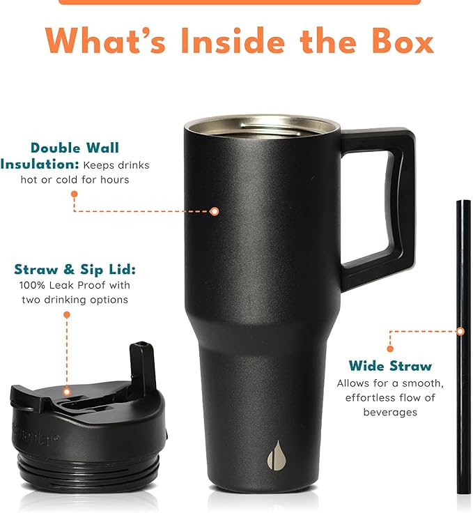 Elemental 32 oz 100% Leak Proof Tumbler with Handle & Straw - Stainless Steel Double Wall Insulated Tumbler for Hot and Cold Beverages - Travel Coffee Mug with Sip & Straw Lid - Black - Bloomnest