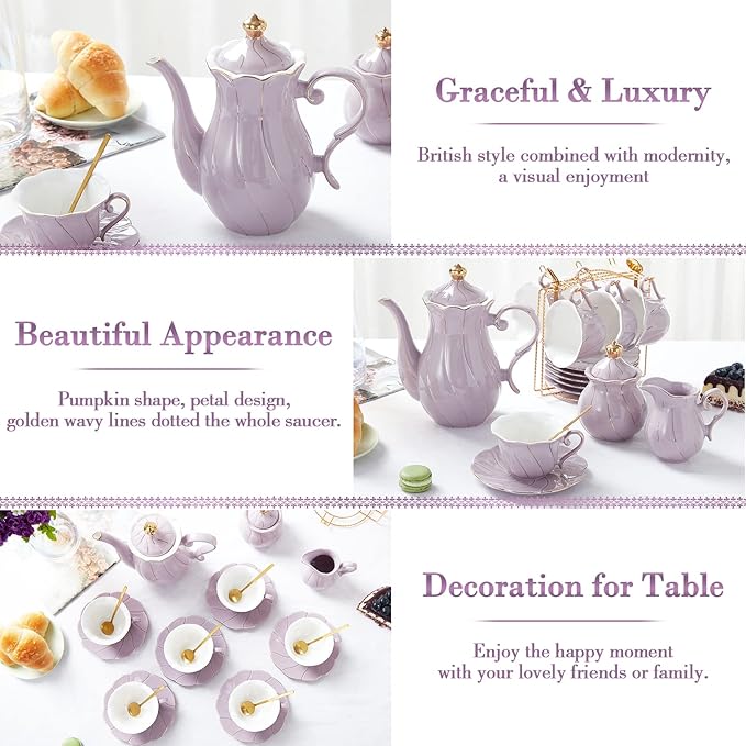 DUJUST 22 pcs Porcelain Tea Set for 6, Luxury British Style Tea/Coffee Cup Set with Golden Trim, Beautiful Tea Set for Women, Tea Party Set, Gift Package (With a Stand) - Purple - Bloomnest