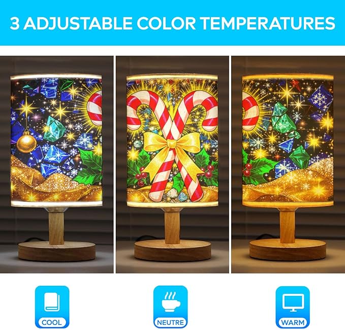 Candy Canes Table Lamp LED 3-Color Pressed Bedside for Merry Christmas, Candy Canes Shade Christmas Table Lamp with Wood Base for Bedroom Living Room Desk Office - Bloomnest