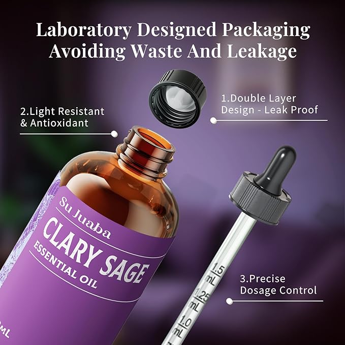 SU JUABA Clary Sage Oil Essential Oil 4 Fl Oz, 100% Pure Natural for Anxiety Relief, Skin, Hair,Diffuser, Aromatherapy -118ml Bloomnest