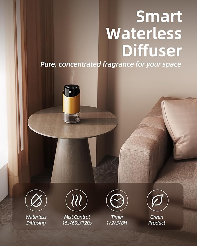 Waterless Essential Oil Diffuser Aromatherapy Scent Diffusers for Home Large Room, Car, Office, Desk, Mini Battery Operated Cordless Air Freshener, 4 Timers & 3 Mist Levels, 100ml Capacity (Golden) - Bloomnest