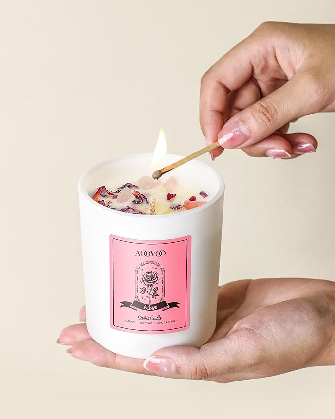 AOOVOO Rose Scented Candles for Women - Aromatherapy Candle with Crystals Inside, 10oz Soy Candles for Home Scented, Birthday Gifts Christmas Candle for Mom Women - Bloomnest