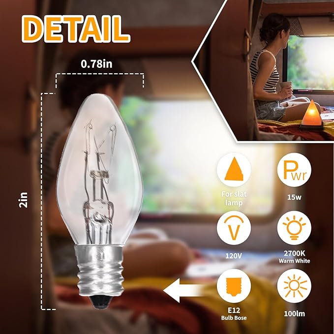 12 Pack Scentsy Light Bulbs 15Watt 120V Wax Warmer Bulbs C7 Replacement Bulb Dimmable Salt Lamp Bulbs with E12 Base for Night Light, Candle Warmer - Bloomnest