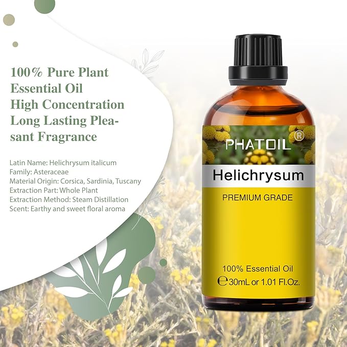 Helichrysum 1.01fl.oz Essential Oil, PHATOIL Pure Aromatherapy Oils for Diffuser, Humidifier, Perfect for DIY Soap, Candle, Bath Bombs Making(30ml) PHATOIL