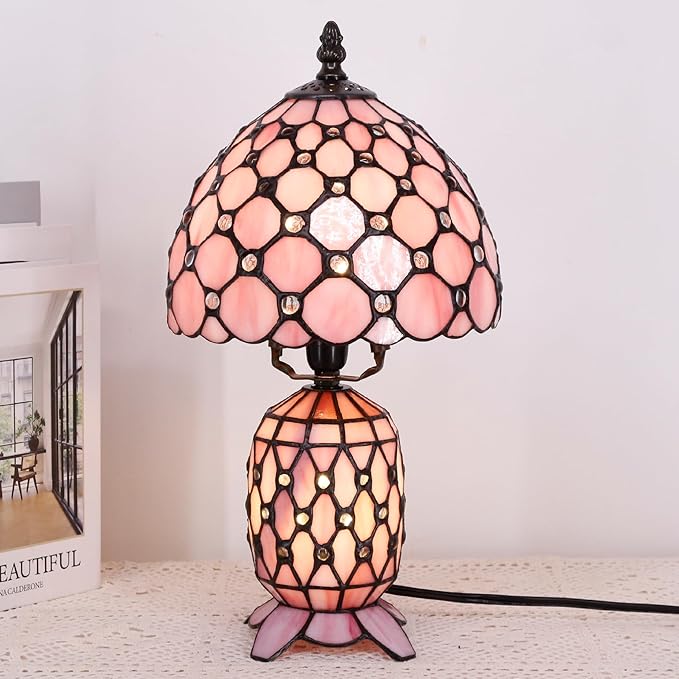 Small Tiffany Lamp Stained Glass Table Lamp Mini Mother Daughter Vase Desk Accent Night Light for Bedroom Bedside Reading Home Antique Style 8X14 Inches (Pink) - Bloomnest