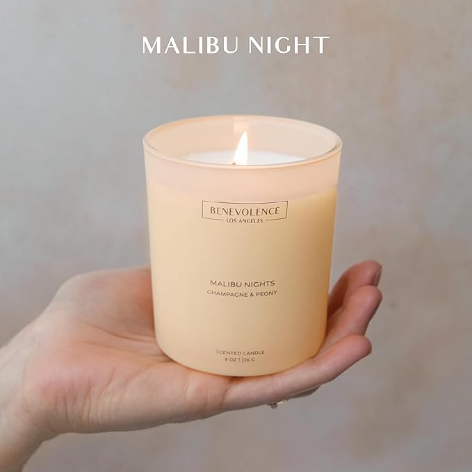 Champagne & Peony – Benevolence LA Scented Candle | 8oz, 45-Hour Burn | Natural Soy Wax, Cotton Wick | Romantic & Elegant Home Fragrance | Malibu Sands Collection – Gift for Women & Men - Bloomnest