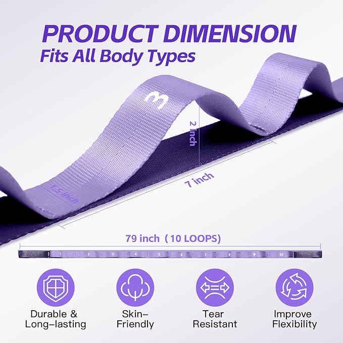 ROSAPOAR Stretching Strap with Loops - Non Elastic Yoga Straps for Physical Therapy, Durable Stretch Bands for Exercise, Flexibility Training, Hamstring & Leg Stretcher, Yoga/Pilates/Gymnastics - Bloomnest
