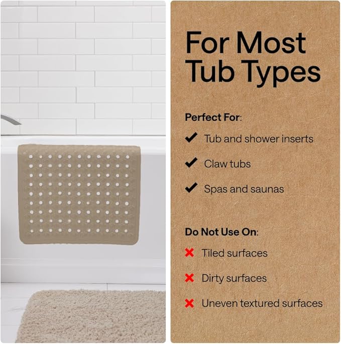GORILLA GRIP Patented Bath Tub Shower Mat, Machine Washable Bathtub Floor Liner Mats, Suction Cups and Drain Holes to Keep Tubs Clean, Soft on Feet, Bathroom Essentials, 35x16 Inch, Beige - Bloomnest