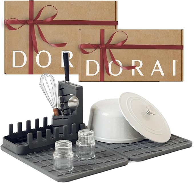 Dorai Home Collapsible Dish Drying Rack and Stone Dish Pad – Large Foldable Drying Rack with Instant - Dry Stone Mat –Space-Saving Drainer Rack for Kitchen Counter - 24.6" x 16.5", Slate - Bloomnest