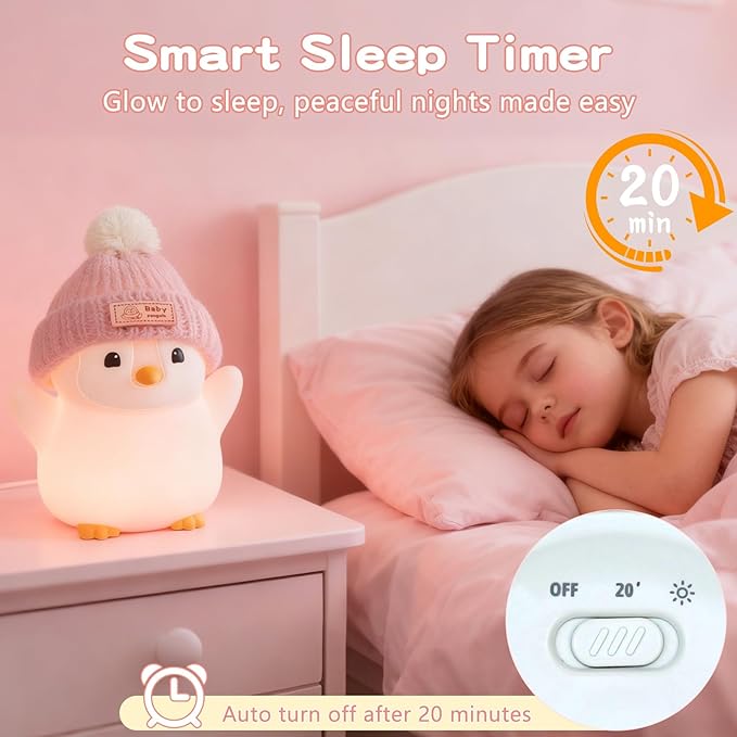 Penguin Night Light, Cute Pink Penguin Lamp with Knit Hat, Soft Silicone Nursery Nightlight for Baby, Rechargeable/Dimmable/Timer,LED Squishy Novelty Animal Bedside Lamp,Funny Gifts for Kids - Bloomnest
