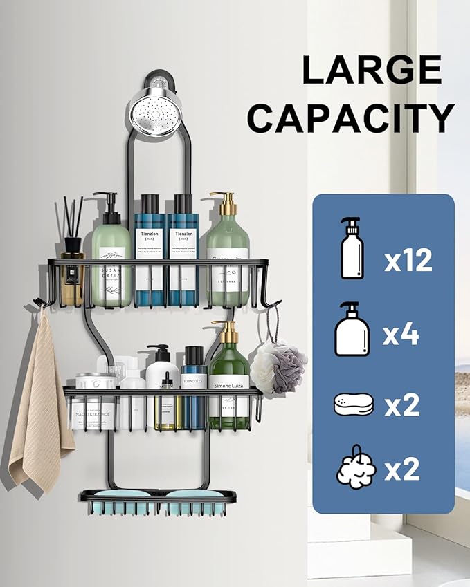 Shower Caddy Hanging - Never Rust Shower Hanging Organizer - Aluminum Over the ShowerHead Caddy with Soap Basket and 6 Hooks for Razor/Sponge (Black) - Bloomnest