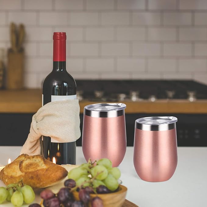 6 Pack Stainless Steel Wine Tumblers, 12Oz Insulated Wine Tumbler, Double Wall Insulated Wine Glass, Stainless Steel Stemless Wine Cups with Lids for Coffee, Wine, Cocktails, Champaign, Rose Gold… - Bloomnest