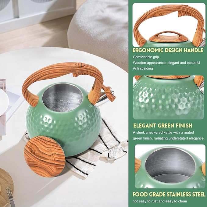 GGC Tea Kettle for Stove Top, Loud Whistling Kettle for Boiling Water Coffee or Milk, 3.1 Quart 3L Heavy Stainless Steel Green Tea Pot with Wood Pattern Handle, Unique Button Control Outlet - Bloomnest