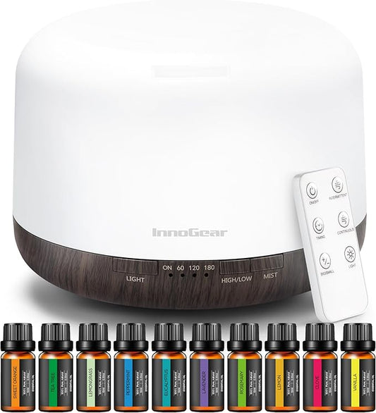 InnoGear Aromatherapy Diffuser & 10 Essential Oils Set, 500ml Essential Oil Diffuser with Remote Control Ultrasonic Cool Mist Scent Humidifier Vaporizer Auto-Off Timer for Room Office Home, Brown - Bloomnest