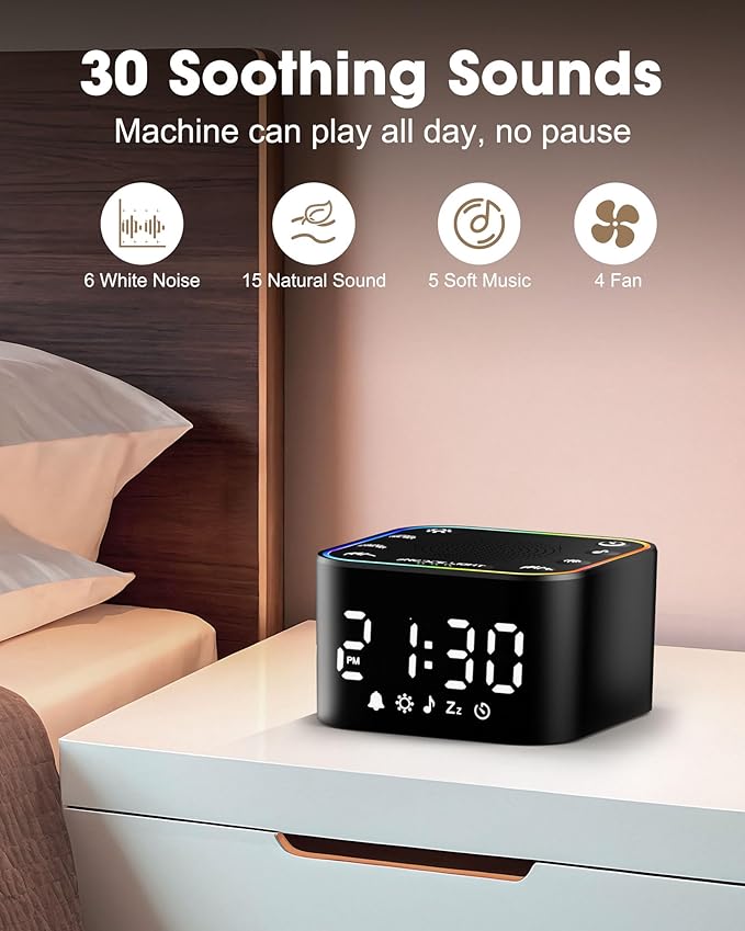 Alampan White Noise Sound Machine with Alarm Clock, 30 Soothing Sounds, Noise Machine for Sleeping, RGB Night Light, Digital Clock, Adults, for Bedside, Nightstand, Including Fan, Rain, Bird, Ocean - Bloomnest