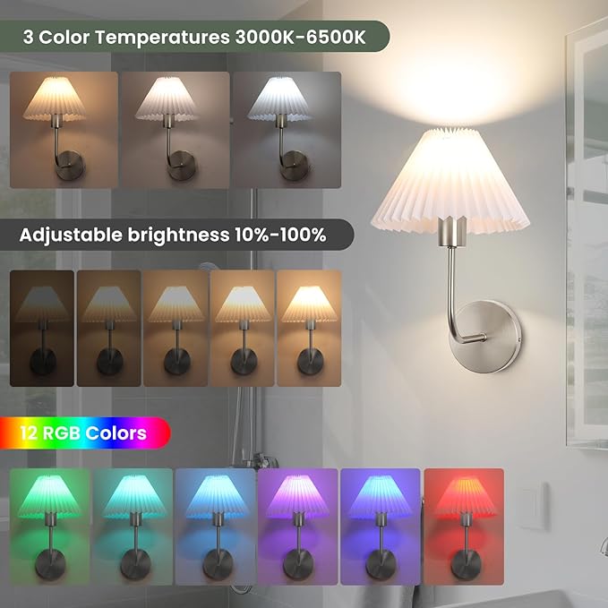 Wireless Wall Sconce Sets of 2, Pleated Shades Rechargeable Battery Operated Wall Sconce, Retro Industrial Brushed Nickel Bathroom Vanity Lights, Wall Mounted Lamps for Bedroom Living Room Hallway - Bloomnest