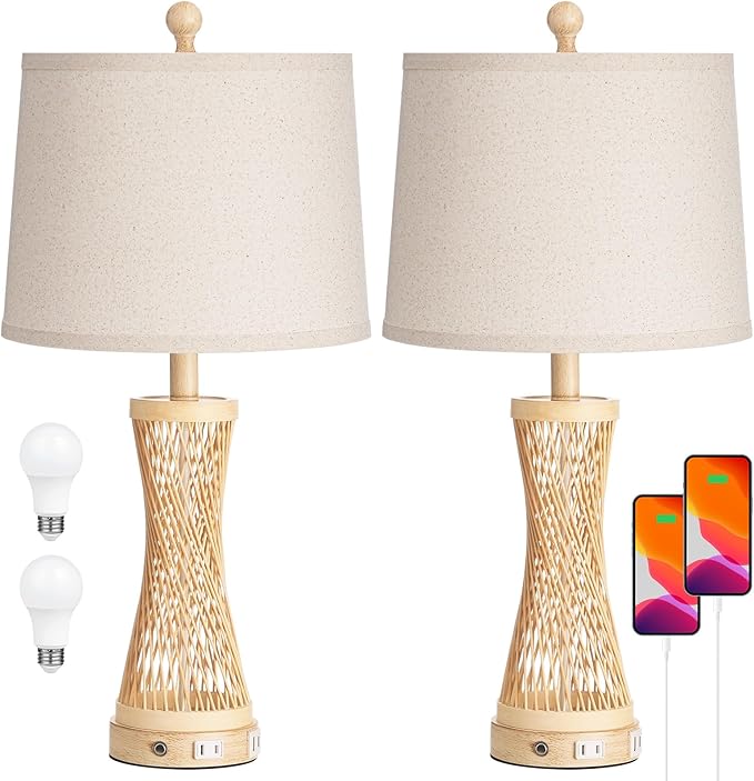 24.4”Farmhouse Rattan Table Lamps Set of 2, Touch Bedside Lamps for Bedroom with Dimmable Night Light, USB A+C Ports, Bamboo Boho Nightstand Lamp with Cream Linen Shade, C04TL05 - Bloomnest