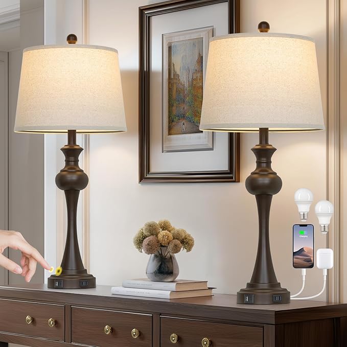 Touch Table Lamps Set of 2, 28.75" Tall Bedside Lamps with USB C+A Ports, 3-Way Dimmable Table Lamp, Nightstand lamps for Bedroom, Living Room, Office, Brown Lamps with Beige Lampshade, Bulbs Included - Bloomnest