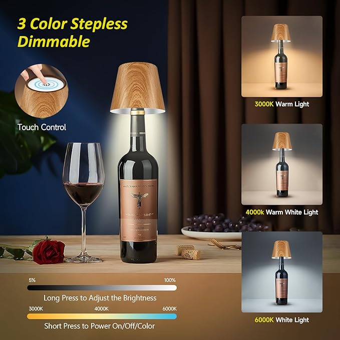 2025 New Bottle Lamp - LED Bottle Lights for Liquor & Wine Bottles, Cordless Lampshade, Whiskey Bottle Top Light, Bottle Stopper Night Light Kit, Rechargeable 3-Tone Touch-Dimmable - Bloomnest