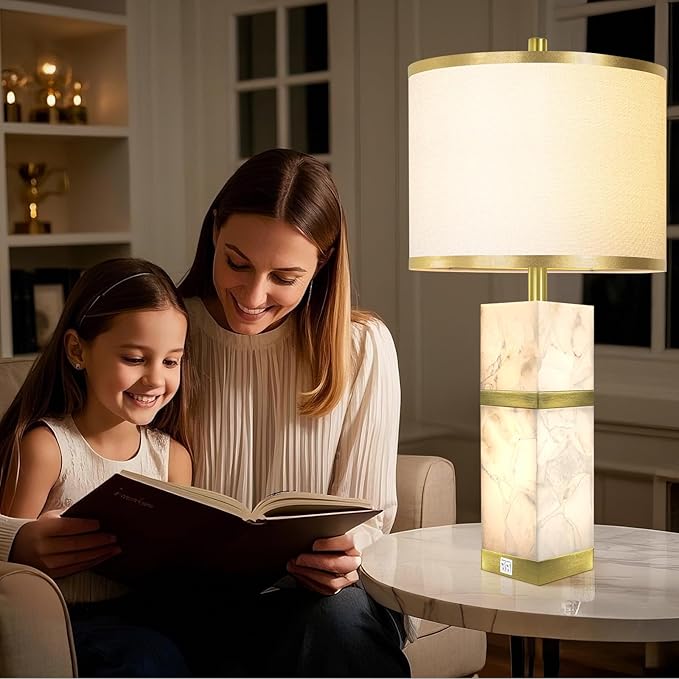 Natural Alabaster Table Lamps Set of 2 - Table Lamp with Night Light for Bedroom,Nightstand Lamps with USB Ports,Bedside Lamps with Linen Fabric Shade for Living Room,Bedroom,Office,Bar(Bulb Included) - Bloomnest