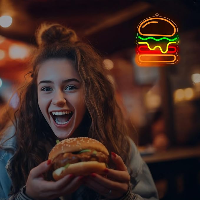 Attivolife Hamburger Neon Sign for Wall Decor, Light up Delicious Food Hamburg LED Lamp with Dim USB Powered, Unique Business Fast Food Shop Restaurant Decoration, Christmas Day Birthday Party - Bloomnest