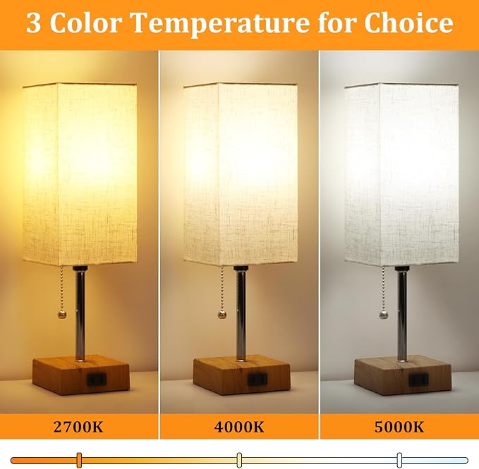 Table Lamp for Bedroom set of 2,3-Color Bedside Lamps with Pull Chain Table Lamps for Nightstand with AC Outlets,Small Night Light Lamps with 2 Bulbs Lamps for Living Room Kids Room Office Decor（Wood） - Bloomnest