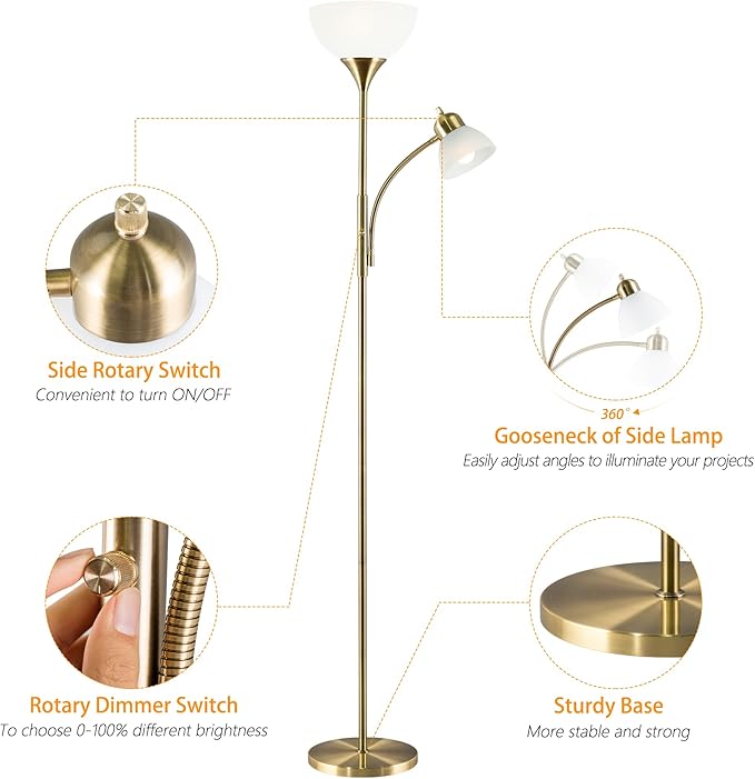 Floor Lamp, Dimmable Standing lamp, Stepless Dimming Brightness, Included 9W and 5W LED Bulbs, Industrial Floor Lamp for Living Room, Bedroom, Office, Reading - Bloomnest