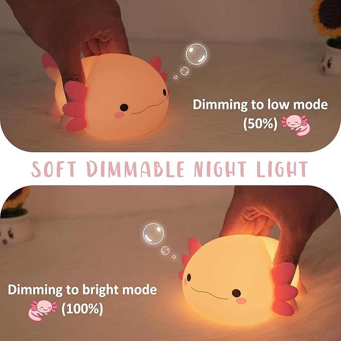 Axolotl Night Light, Cute Night Light for Kids, Animal Silicone Nursery Night Lamp, Timer Dimmable Rechargeable LED Nightlight, Soft Feeding Room Decor Bedside Lamp Gifts for Kids Girls Boys Women - Bloomnest