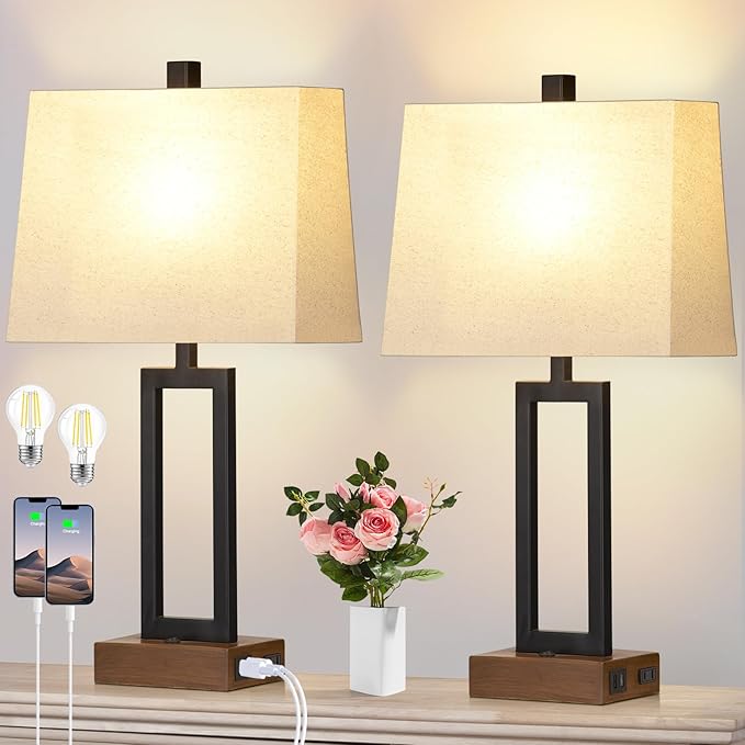 23.5" Table Lamps Set of 2, Modern Black Bedside Lamps with 2 USB Ports & AC Outlet, Contemporary Nightstand Lamps with Wood Base for Bedroom Living Room(LED Bulb Included) - Bloomnest