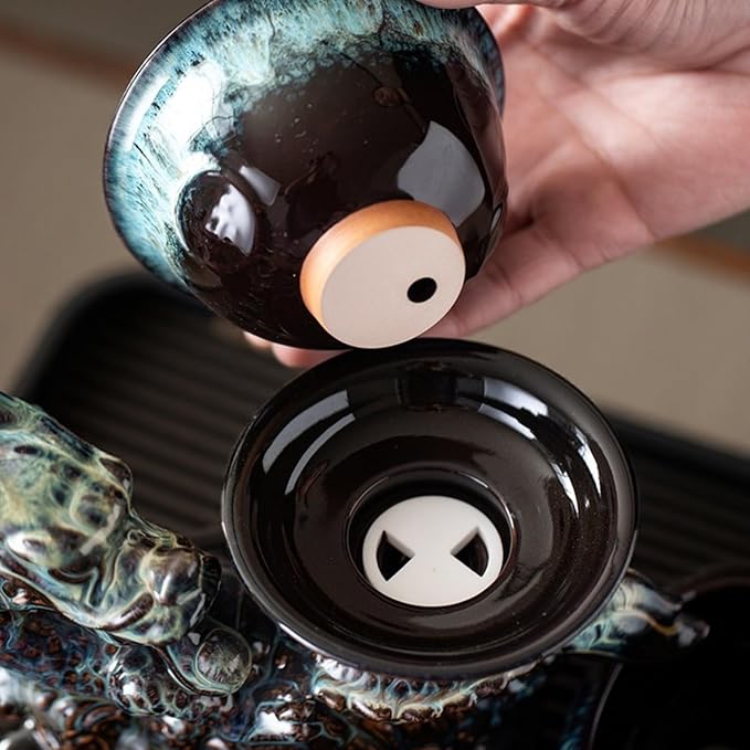 Chinese Gongfu Tea Set Ceramic Teapot with Infuser, 8 Cups, Semi Automatic Dragon Design for Loose Leaf Tea