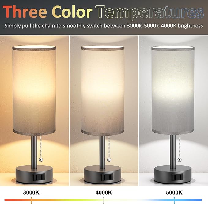 Fenmzee Dark Grey Bedside Table Lamps Set of 2-3 Color Temperatures Pull Chain Lamp with AC Outlet Charging Port, Small Round Night Stand Lamps for Bedroom, Bed Side Light with E26 LED Bulbs - Bloomnest