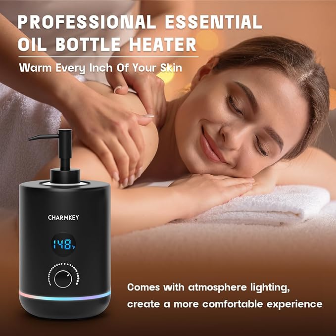 CHARMKEY Massage Oil Warmer Black, 2 Oil Bottle Dispensers & 2 Silicone Funnels, Digital Heater for SPA, Oil Lotion Cream for Salon, Barber Shops, Home - Bloomnest