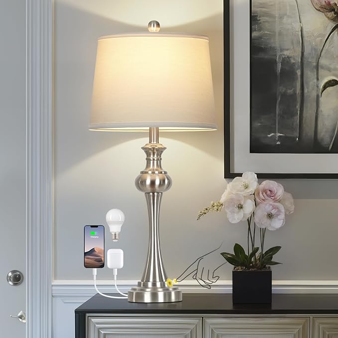28.75" Silver Table Lamps for Living Room,Touch Lamps for Bedrooms Bedside Lamp 3-Way Dimmable Touch Control, Modern Silver Nightstand Lamp Fabric Shade Mid Century Accent Style（Bulb Inclued） - Bloomnest