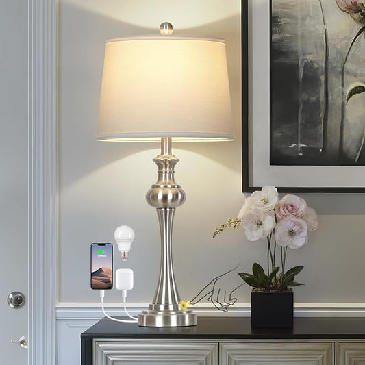 28.75" Silver Table Lamps for Living Room,Touch Lamps for Bedrooms Bedside Lamp 3-Way Dimmable Touch Control, Modern Silver Nightstand Lamp Fabric Shade Mid Century Accent Style（Bulb Inclued） - Bloomnest