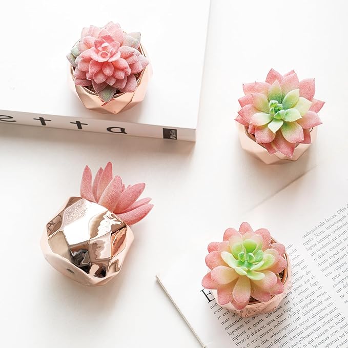 Tiita 4 Pack Artificial Faux Succulents in Pots, Mini Rose Gold Fake Plants for Women Desk, Small Realistic Faux Succulents for Home Office Accessories Window Sill Bathroom Bedroom, Rose Gold - Bloomnest