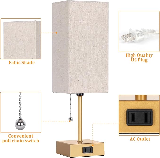 Table Lamp for Bedroom set of 2,3-Color Bedside Lamps with Pull Chain Table Lamps for Nightstand with AC Outlets,Small Night Light Lamps with 2 Bulbs Lamps for Living Room Kids Room Office Decor（Gold） - Bloomnest