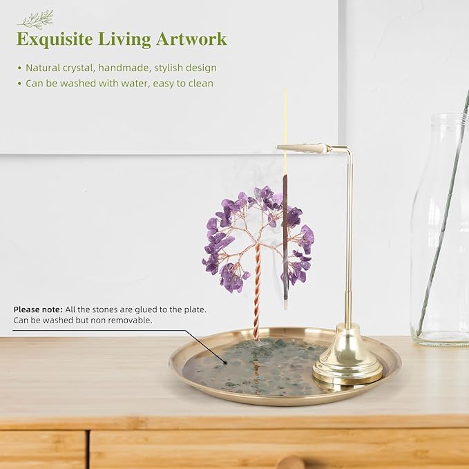 OTOFY 6.7 Inch Crystal Incense Holder for Sticks, Anti-Ash Flying Incense Burner with Crystal Stone Money Tree-Incense Burner for Meditation, Yoga and Home Decor (Purple) - Bloomnest
