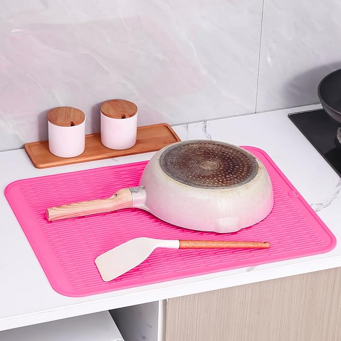 Silicone Dish Drying Mat for Multiple Usage,Easy clean,Eco-friendly,Heat-resistant Silicone Mat for Kitchen Counter or Sink,Refrigerator or Drawer Liner Rose 2XL 24 inches x 18 inches - Bloomnest