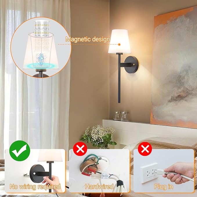 Battery Operated Wall Sconces Set Of 2, Wireless Battery Wall Light With 10000mAh RGB Rechargeable Magnetic Bulb, Rechargeable Wall Sconce With Remote Control For Bedroom, No Electrician Required - Bloomnest