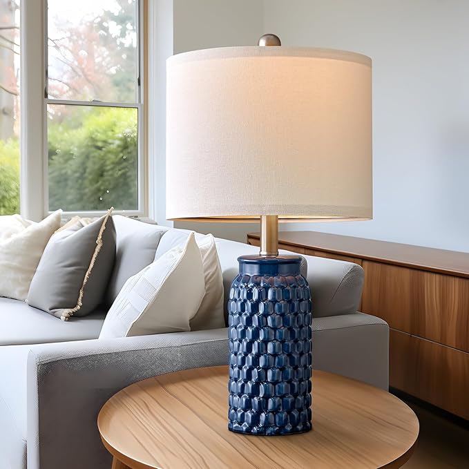 20.5 inches Modern Ceramic Dark Blue Bedside Lamp Set of 2 for Bedroom Decor Farmhouse Table Lamp for Living Room Office Dorm - Bloomnest
