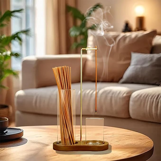 2 in 1 Incense Holder for Sticks, Anti-Ash Flying Incense Burne with Glass Ash Catcher and Incense Sticks Organizer for Meditation Yoga Spa Home Decor (Dark Base) - Bloomnest